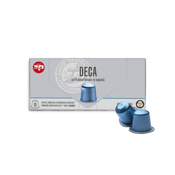 Caja de 10 cápsulas de aluminio Pascucci DECA, café descafeinado compatible con máquinas Nespresso